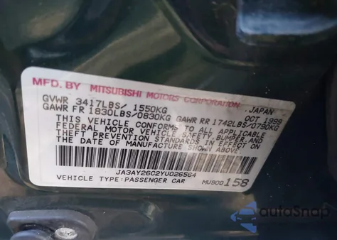2000 Mitsubishi Mirage De from USA, damaged, VIN JA3AY26C2YU026564